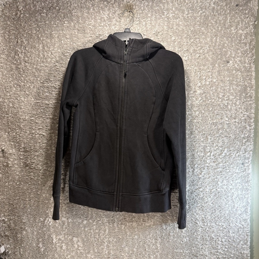Lululemon Scuba Hoodie Black Sweater LOGO FuLL Zip Pockets Sz 6